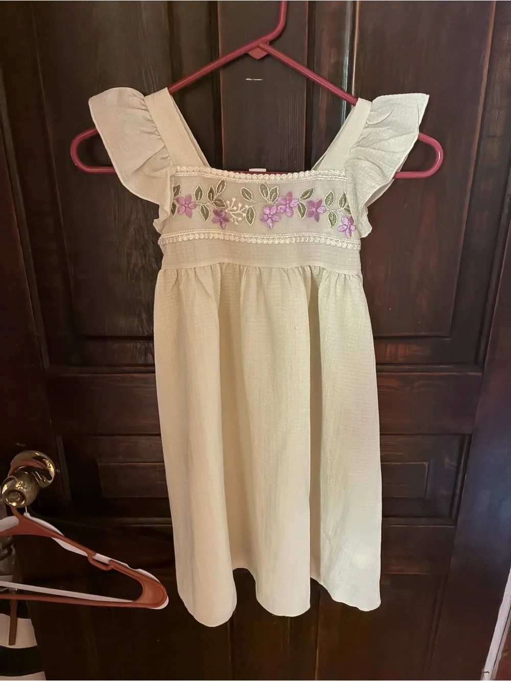 SHEIN Cream Dress with Pink & Green Floral Embroidery